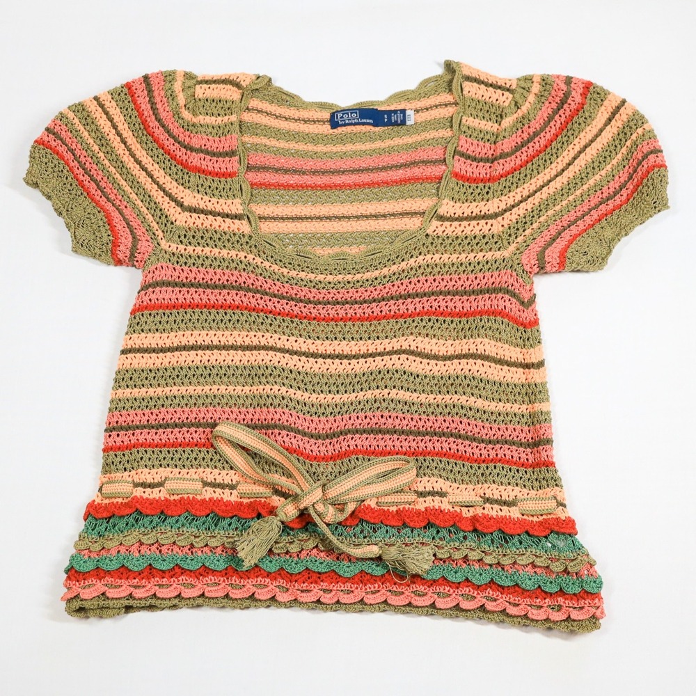 Polo Ralph Lauren Striped Pointelle Knit Sweater Tee Women S Crochet Multicolor
